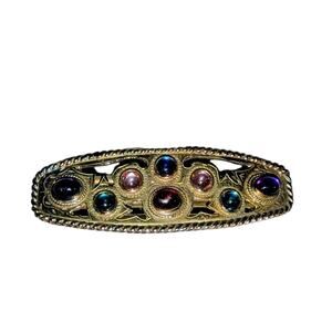 Vintage Antiqued Gold Tone Multi-Color Cabochon Cut Out Hair Barrette